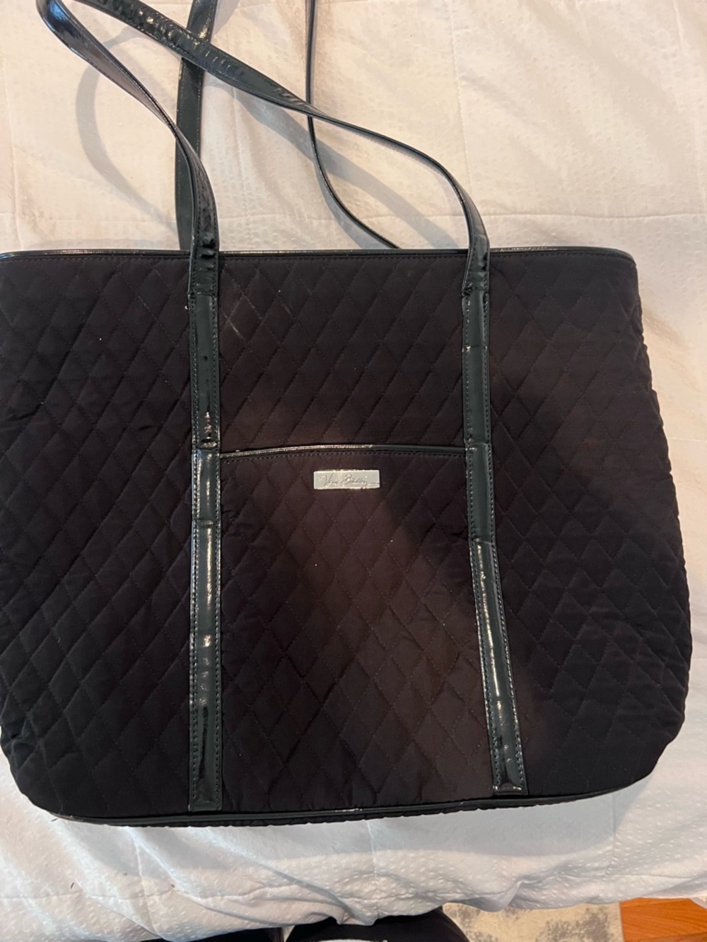 Black Quilted Vera Bradley Tote Bag with Patent Trim - carried one time
